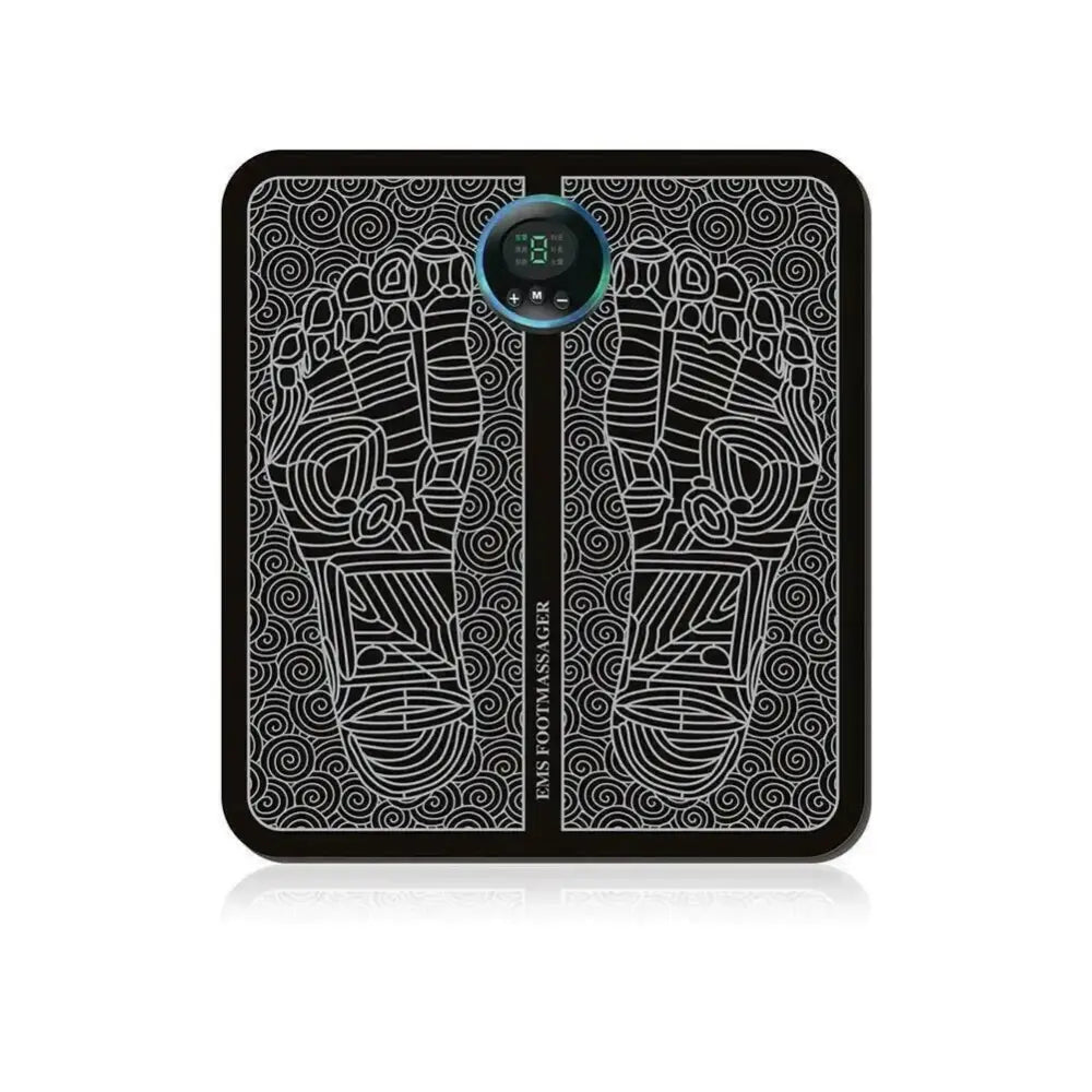 Black rectangular ems foot massager with silver line art depicting feet and swirling patterns, featuring a central circular digital display.