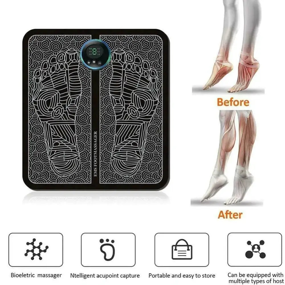 Black rectangular eas foot massager with white line art design and a circular digital display.