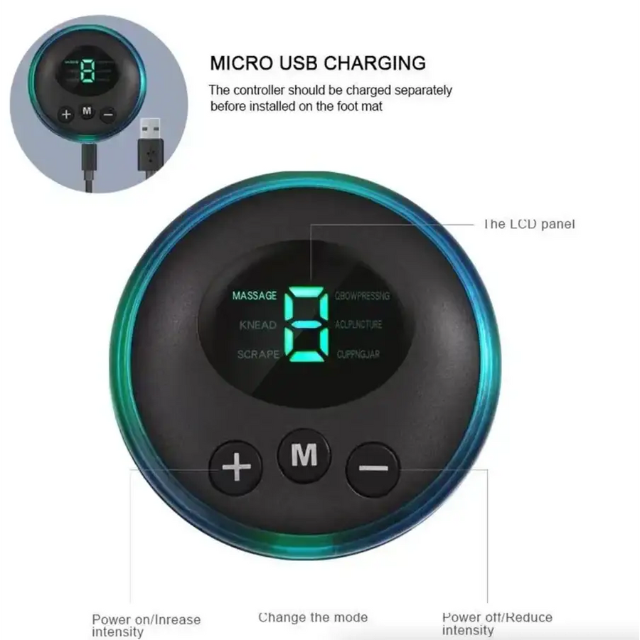 Black circular foot massage controller with a glowing green lcd panel displaying the number ’8’’ and mode options, featuring three control buttons for intensity adjustment.