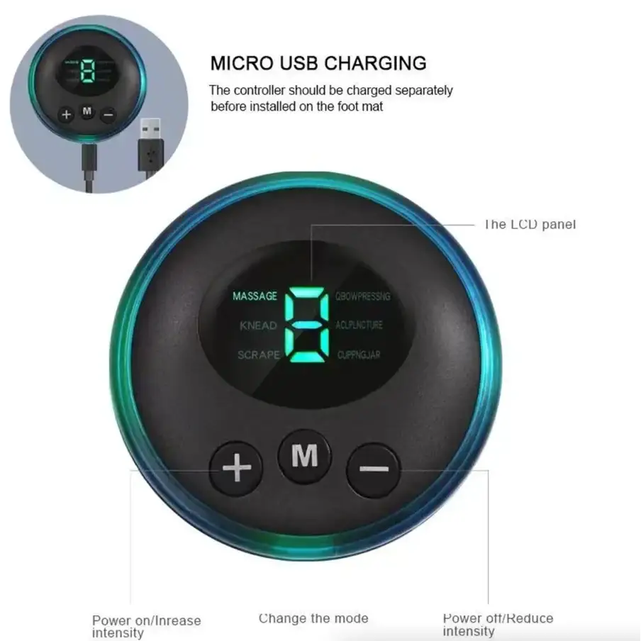 Black circular foot massage controller with a glowing green lcd panel displaying the number ’8’’ and mode options, featuring three control buttons for intensity adjustment.
