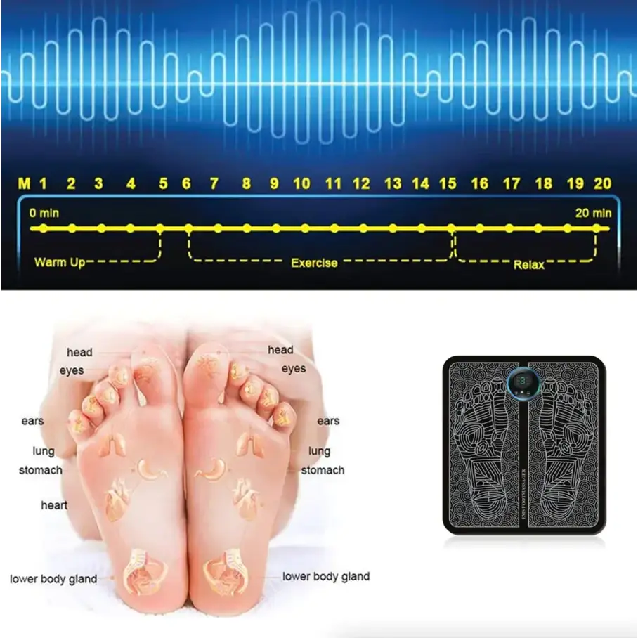 Black rectangular foot massage mat with silver circuitry patterns and a central circular display.