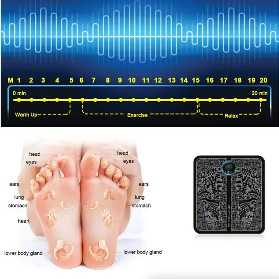 Black rectangular foot massage mat with silver circuitry patterns and a central circular display.