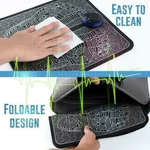 Black and gray patterned foldable mat with a circular blue device on top