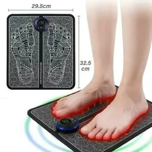 Black rectangular foot massage mat with white intricate footprints and a central circular control panel, featuring red glowing按摩 nodes under the feet.