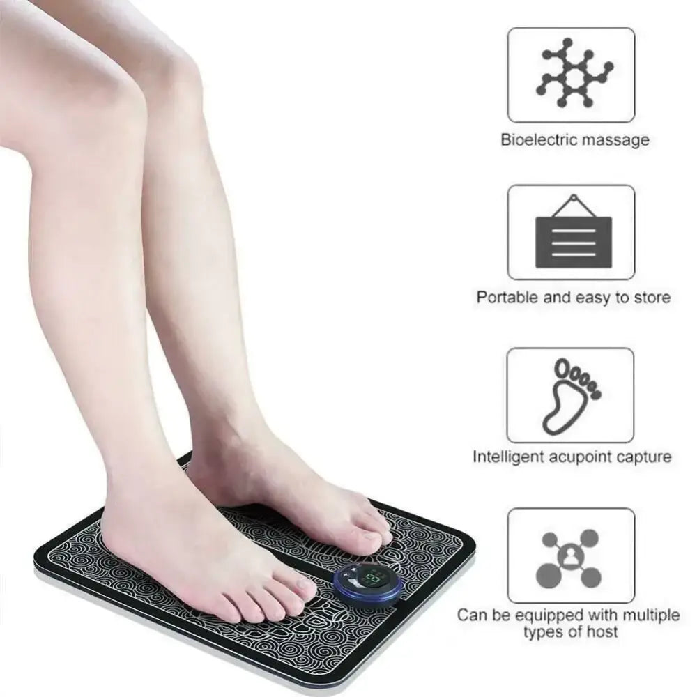 Black rectangular foot massage mat with white swirling patterns and a circular digital display on the right side.