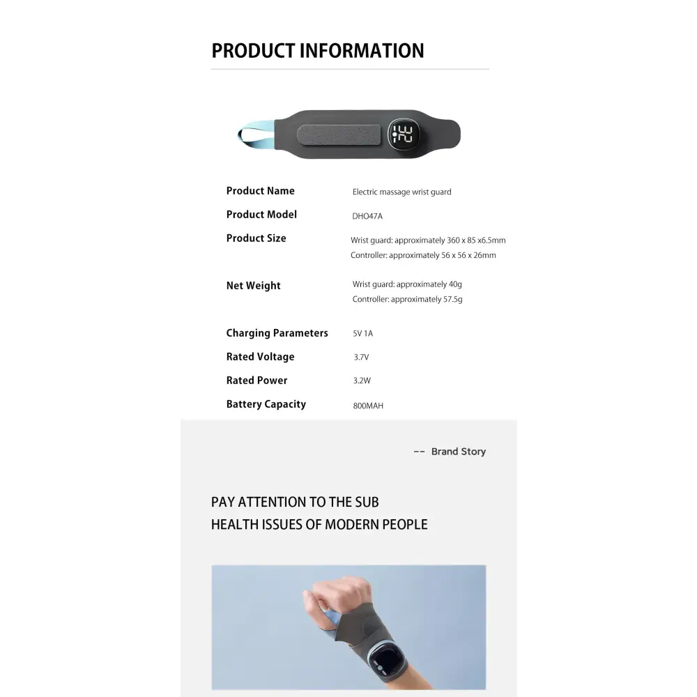 Black electric massage wrist guard with a sleek, ergonomic design and a circular control button on the side.