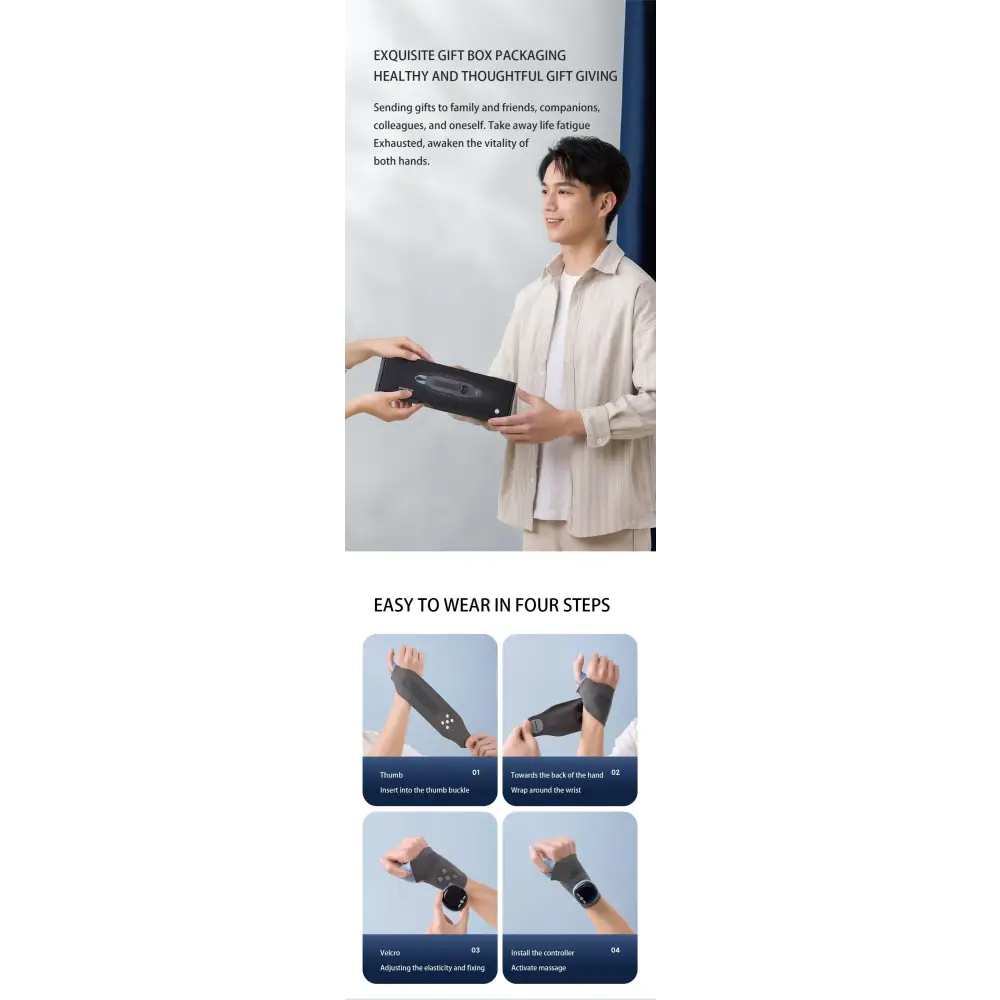 Black wrist support band with adjustable strap and control panel.