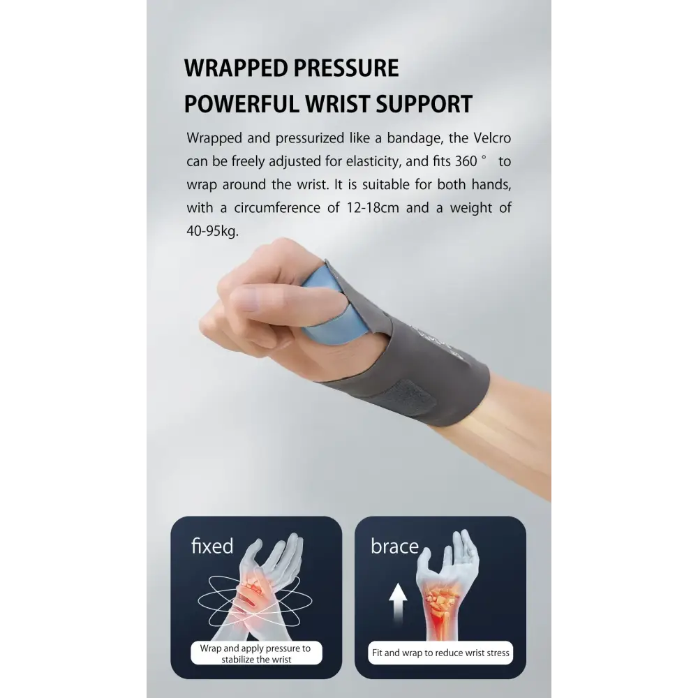 Gray velcro wrist support with adjustable pressure bandage design for both hands.