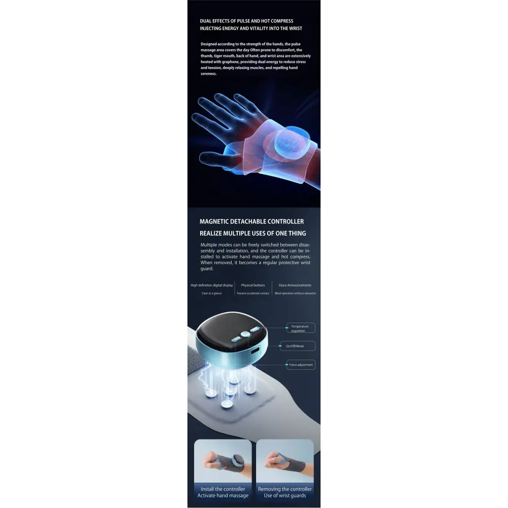 Black and silver magnetic detachable controller with digital display, physical buttons, and wrist guards for hand massage.