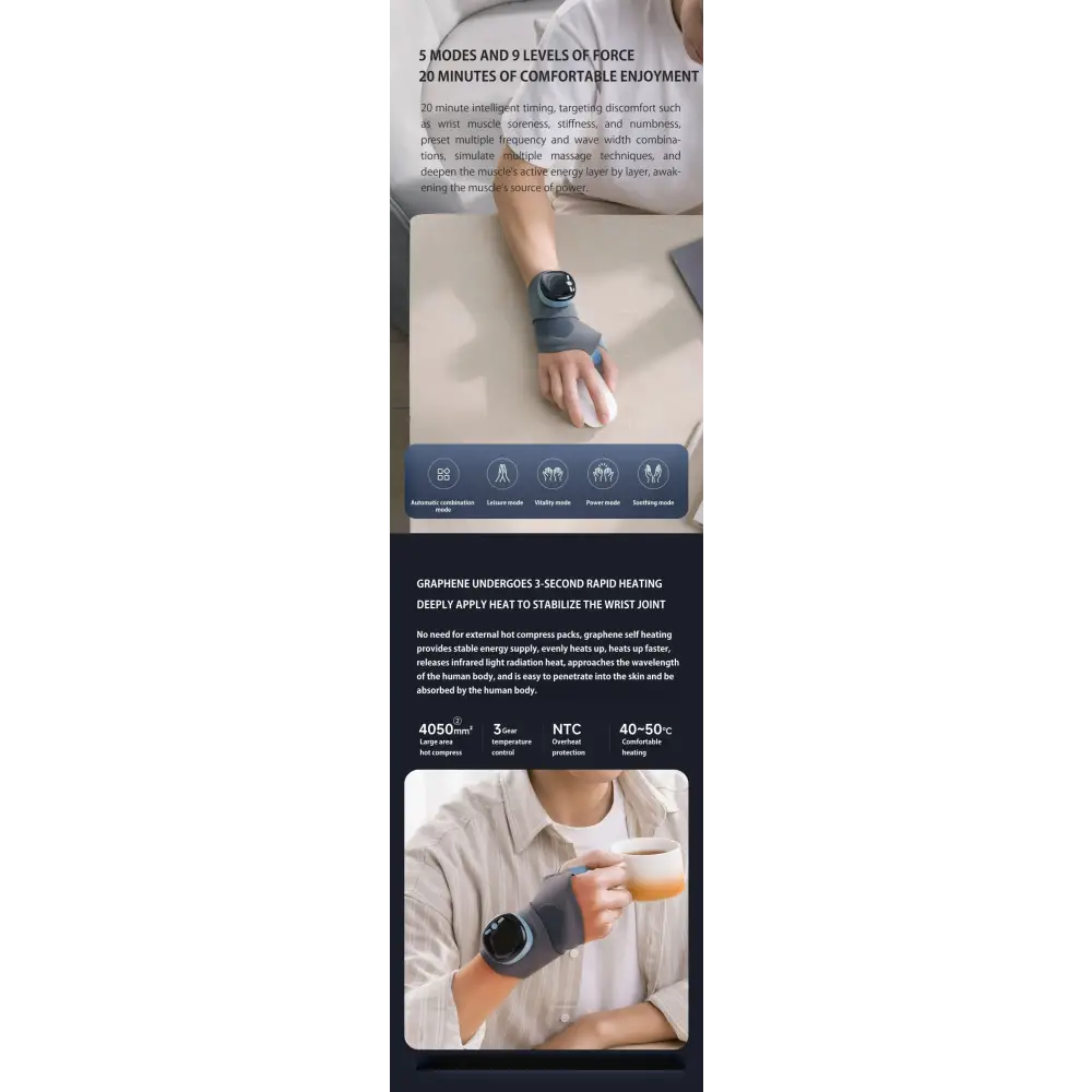 Gray graphite-colored graphene wristband with black digital display and adjustable straps for targeted muscle therapy.