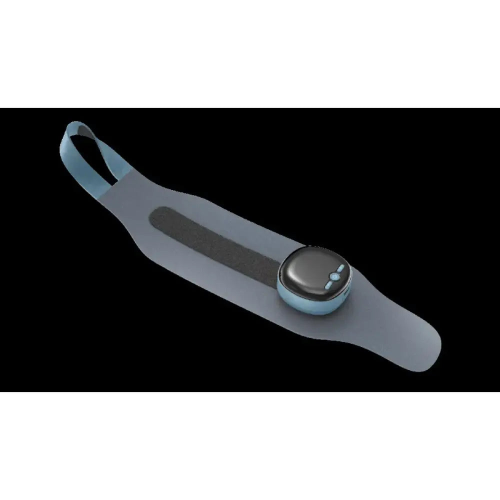 Light blue silicone waistband with a circular control unit featuring a dark gray face and two small buttons.
