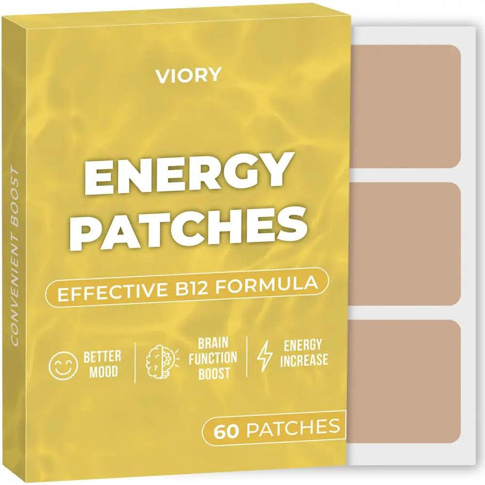 Yellow box of viory energy patches with an effective b12 formula, containing 60 patches.
