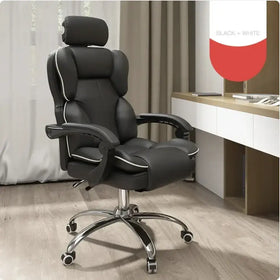 Black leather office chair with white stitching and a chrome five-star base.
