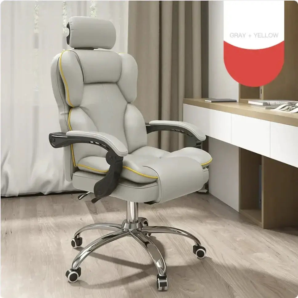Gray and yellow leather office chair with black armrests and chrome base.