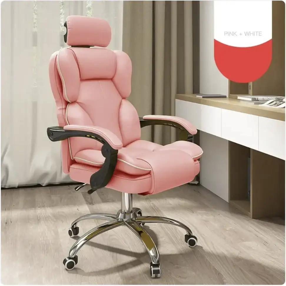 Pink leather office chair with black armrests and a chrome base.