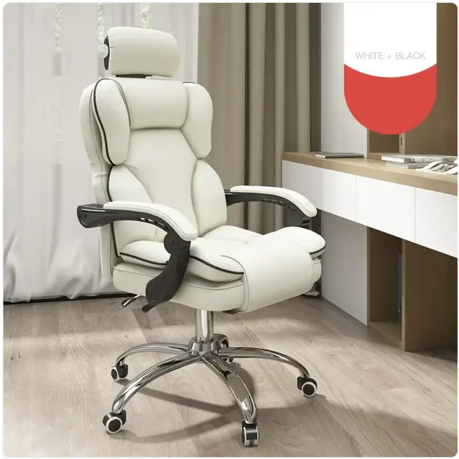 White leather office chair with black accents and a chrome base.