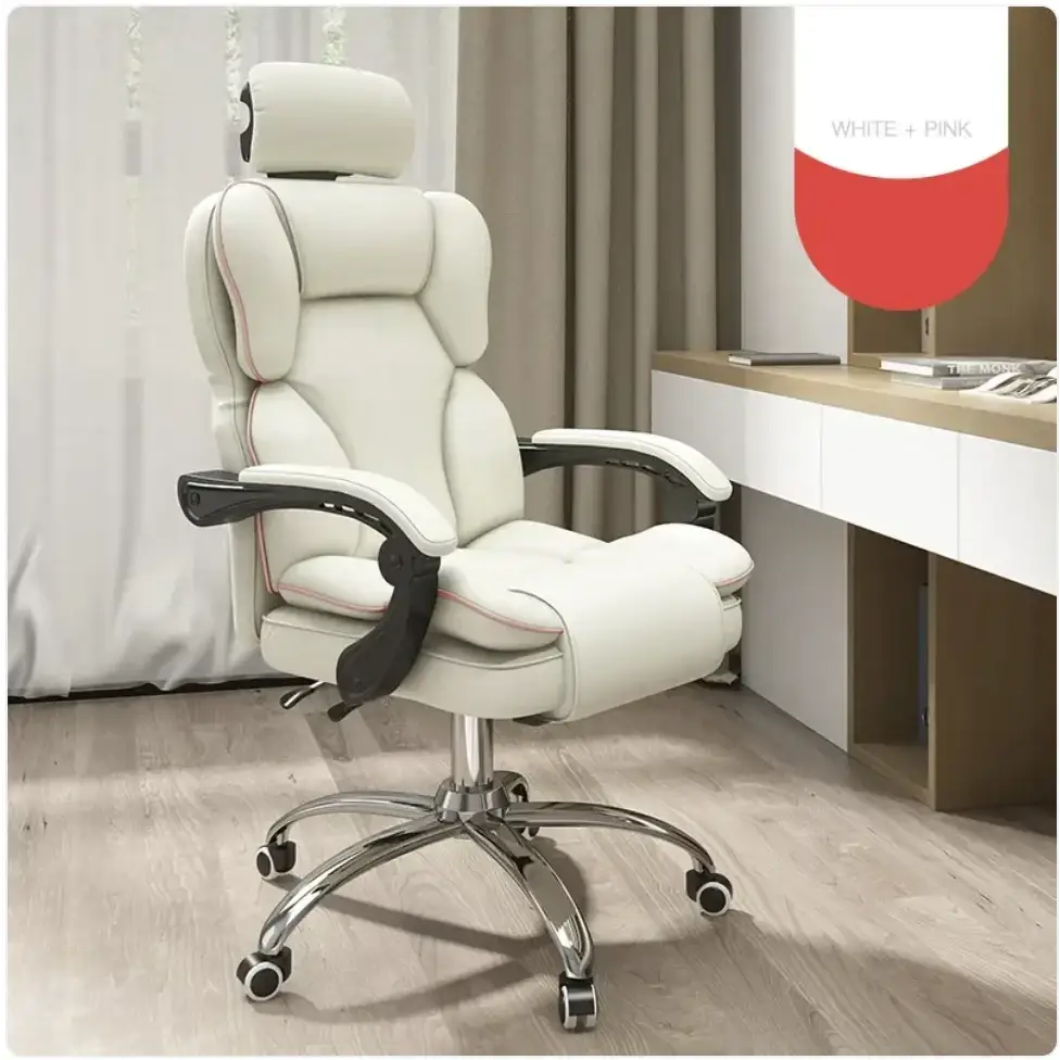 White leather office chair with black armrests and a chrome base.