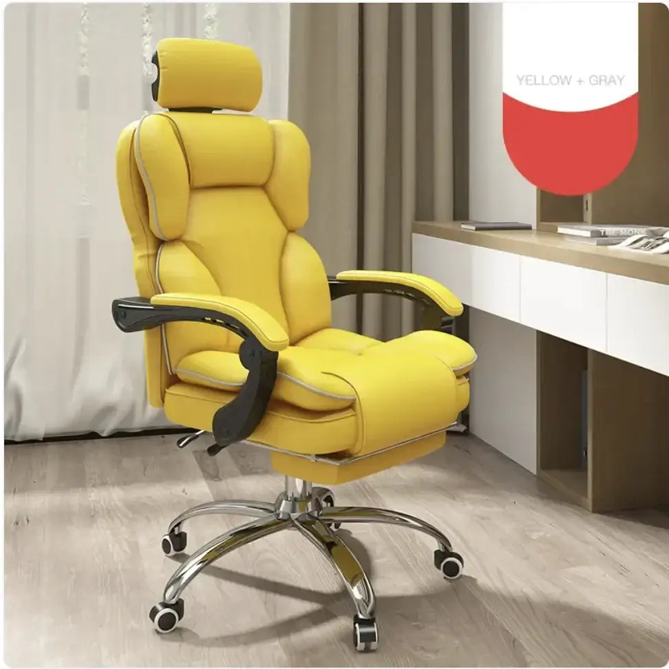 Bright yellow leather office chair with black armrests and a chrome base.