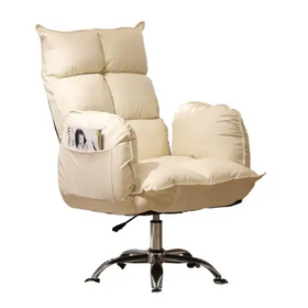 Cream-colored, plush quilted office chair with a high back and armrests.