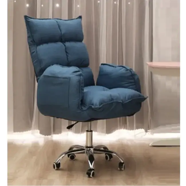 Blue quilted fabric office chair with padded armrests and a chrome base.