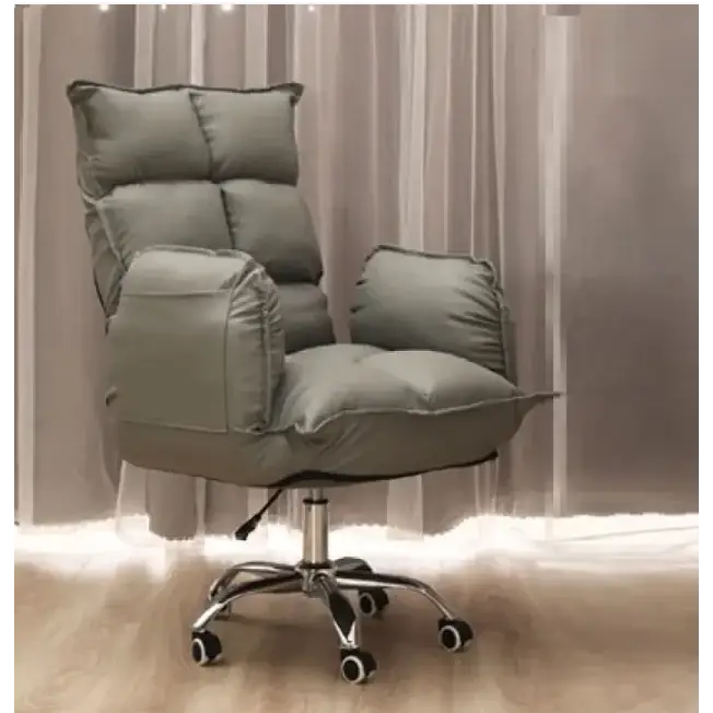 A plush, sage green cushioned office chair with a high back and armrests on a chrome five-wheel base.
