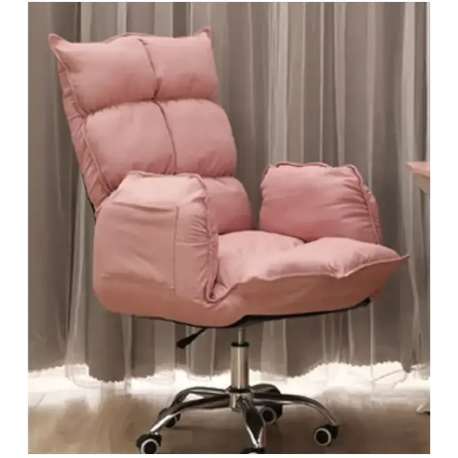 Pink quilted office chair with plush cushioning and a chrome base.