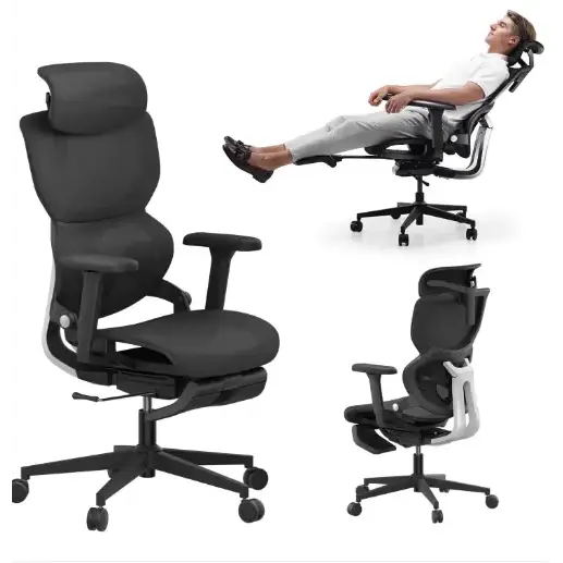 Black ergonomic office chair with adjustable headrest and footrest, featuring a mesh back and padded seat for comfort.