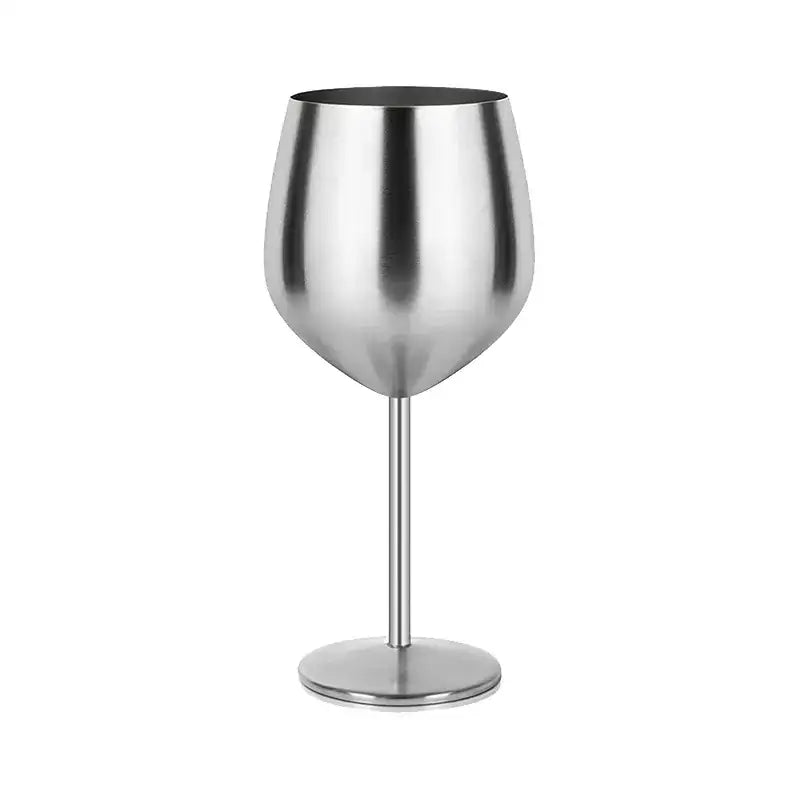 Stainless steel wine glass with a sleek, reflective surface and a sturdy stem.