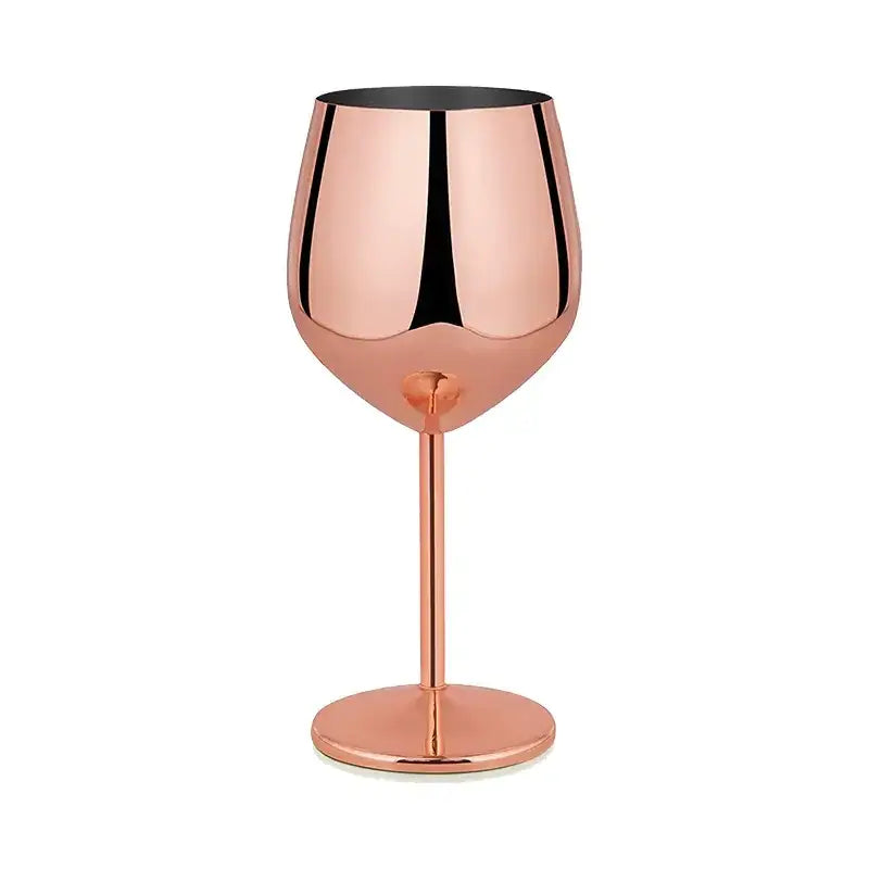Rose gold metallic wine glass with a sleek, modern design and a black interior.