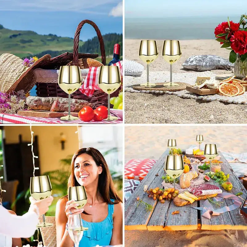 Gold-colored wine glasses with a sleek, modern design and elegant stems.