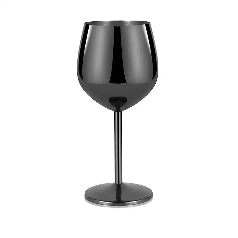 A sleek, matte black stainless steel wine glass with a modern, minimalist design.