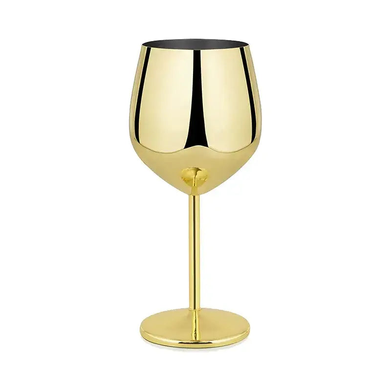 Gold-colored, sleek metallic wine glass with a reflective surface and black interior.