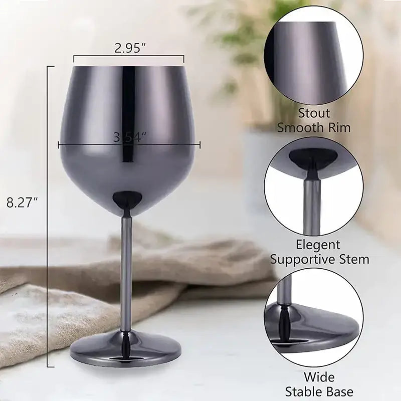 A sleek, matte black stainless steel wine glass with a smooth rim and stable base.