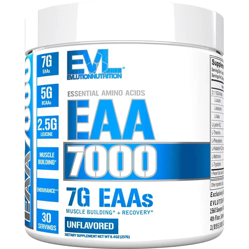 White cylindrical container with blue and white labeling, featuring the evlution nutrition brand name and ’eaa 7000’’ product title.