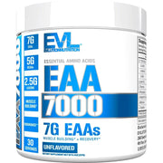 White cylindrical container with blue and white labeling, featuring the evlution nutrition brand name and ’eaa 7000’’ product title.