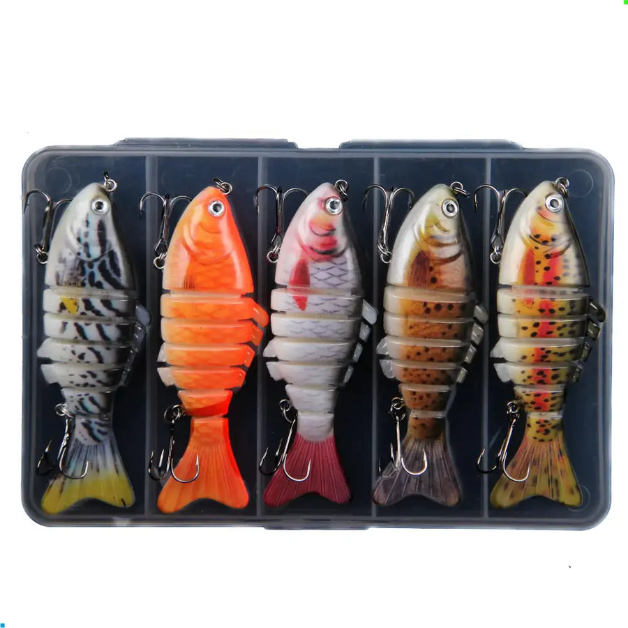 Five realistic, segmented plastic fishing lures in vibrant colors like orange, red, and brown with detailed patterns are displayed in a black storage case.