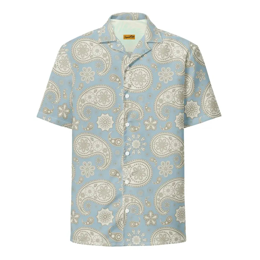 Light blue short-sleeved hawaiian shirt with a beige paisley and floral pattern.