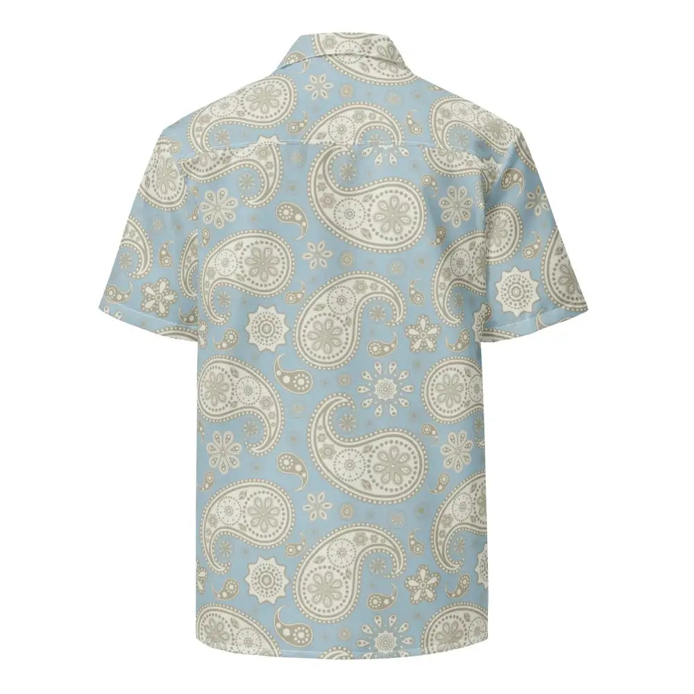 Light blue hawaiian shirt with a detailed paisley pattern in cream and beige tones.