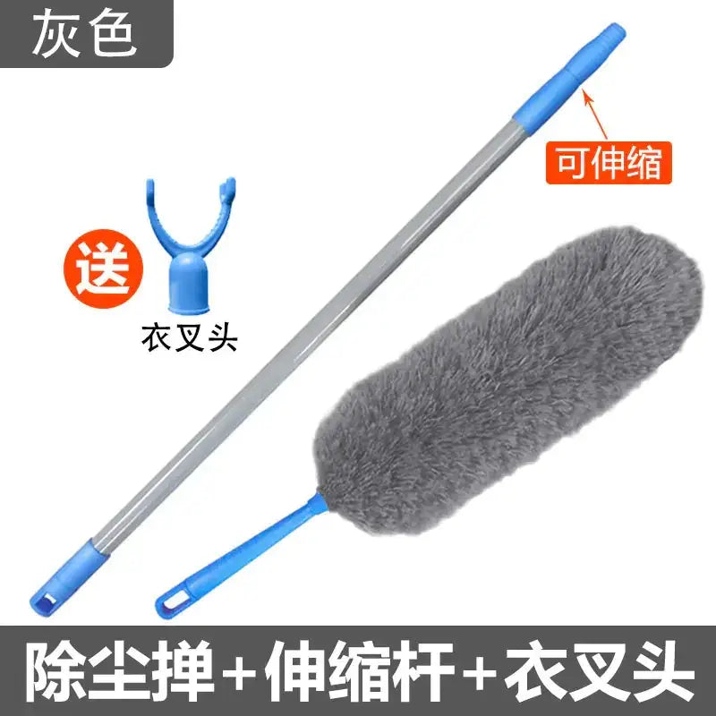 Gray fuzzy duster with a blue extendable handle and matching blue end caps.