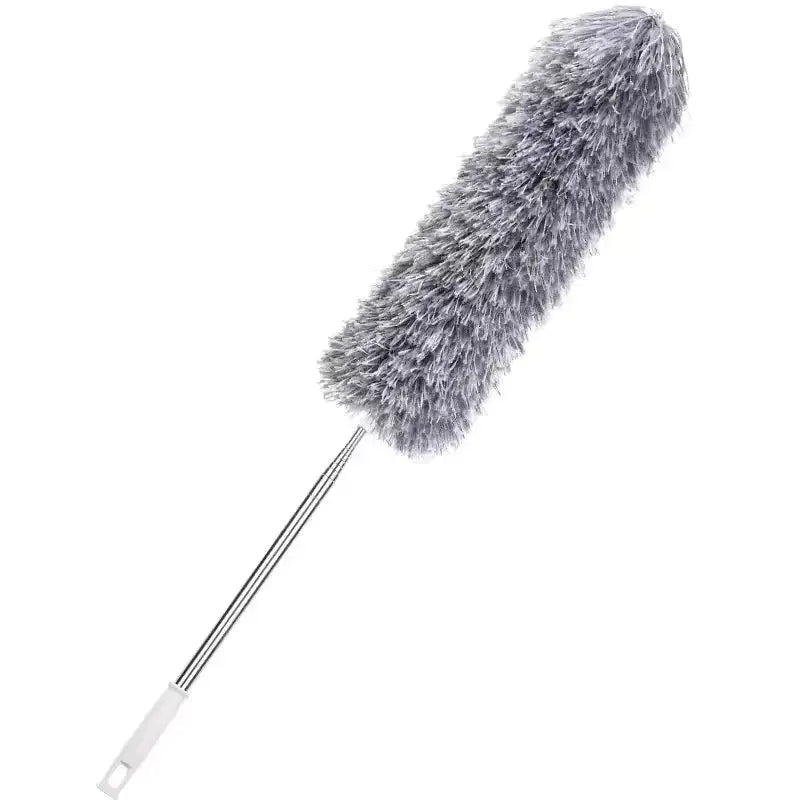 Gray, fluffy duster with a long metallic handle and white grip.