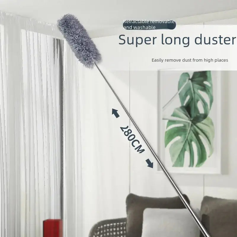Silver metal telescopic handle with a long, fluffy gray microfiber duster head designed for reaching high places.