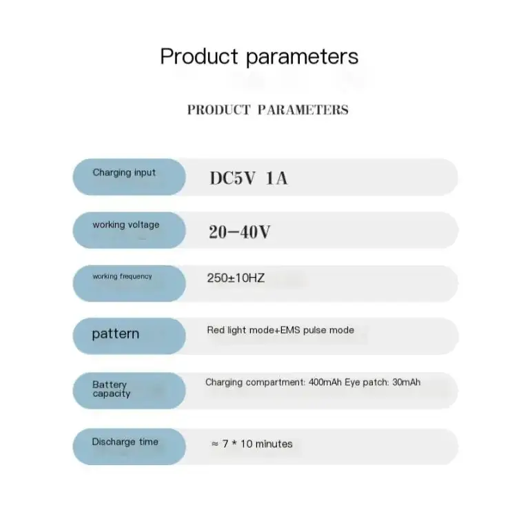The product parameters display for a red light mode and ems pulse mode device with 400mah charging compartment and 30mah eye patch battery.