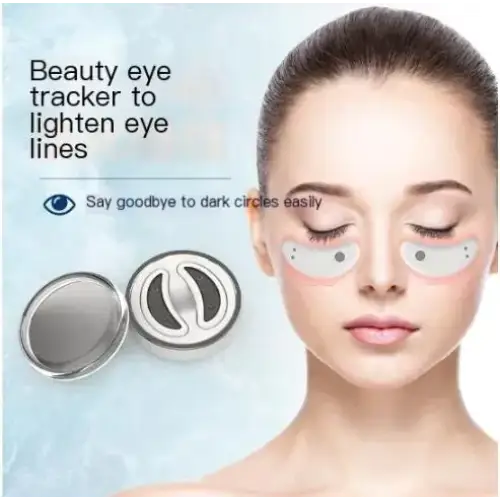 Silver circular beauty eye tracker patches with mirrored surfaces and black curved cutouts