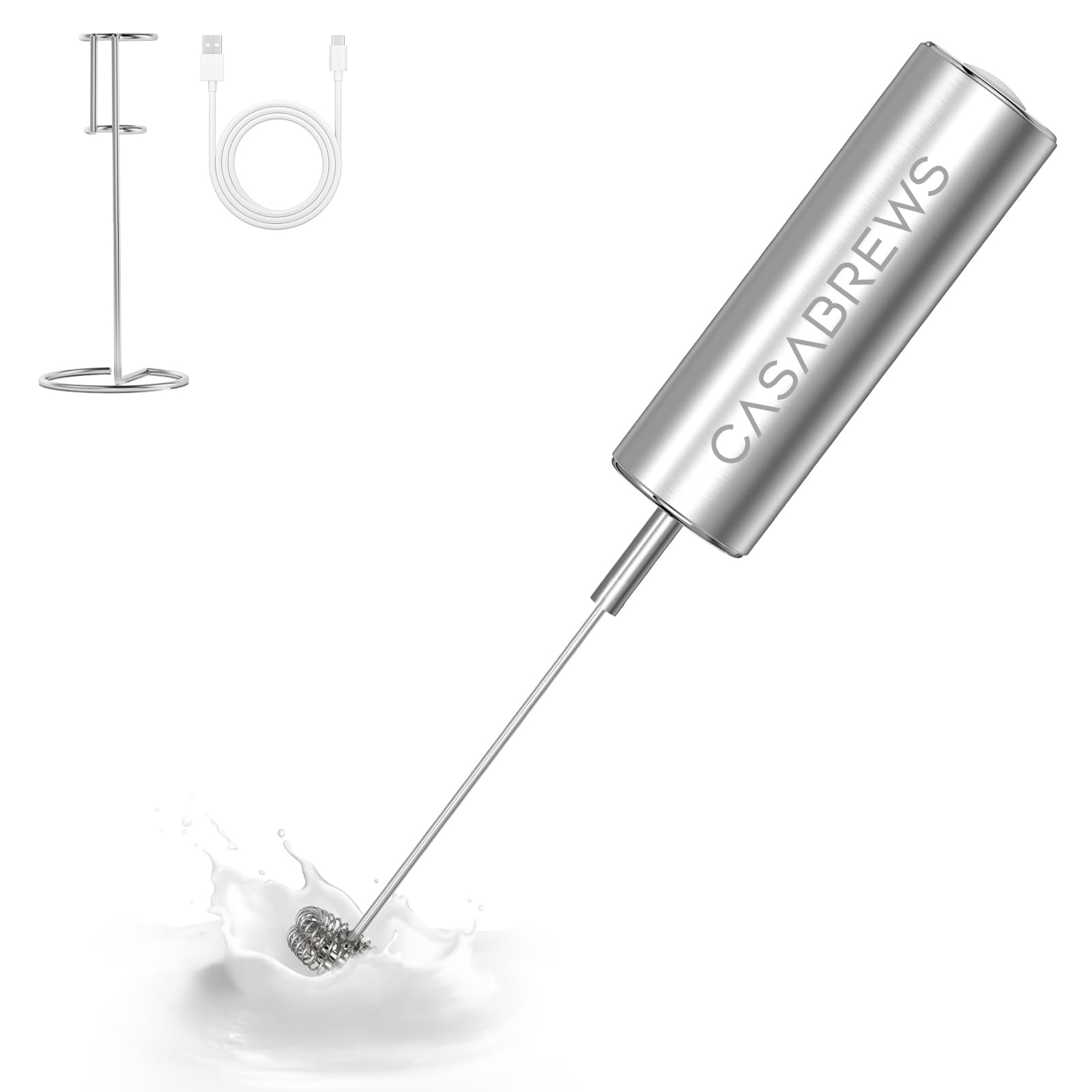 CASABREWS Milk Frother Wand Handheld Stainless Steel Coffee Frother Powerful Drink Mixer with Stand Rechargeable Electric Whisk with 3 Speeds for Lattes Cappuccinos Matcha and Hot Chocolate