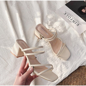 Elegant Women's Square Heel Cross-Tied Leather Sandals