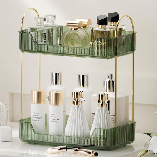 YCIA&DONE Bathroom Organizer Countertop 2 Tiers Makeup Organizer Counter Storage Skincare Cosmetics Shelf Perfume Holder for Vanity Tray Bathroom Organizers and Storage(Vintage Green)