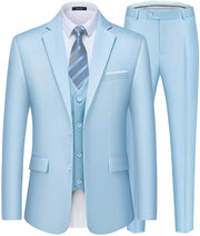 Saruit Mens Suits Slim Fit Tuxedo Suit Set 3 Piece 2-Button Solid Prom Wedding Party Blazer Vest Pants with Tie Light Blue