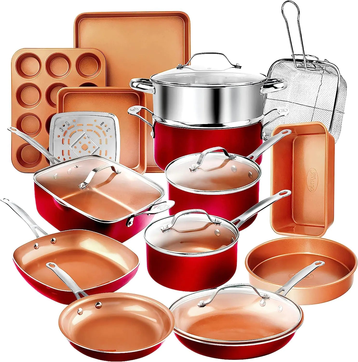 Gotham Steel 20 Pc Pots and Pans Set Nonstick Cookware + Bakeware Set Complete Ceramic for Kitchen Non Stick with Lids Dishwasher / Oven Safe Toxic - Red