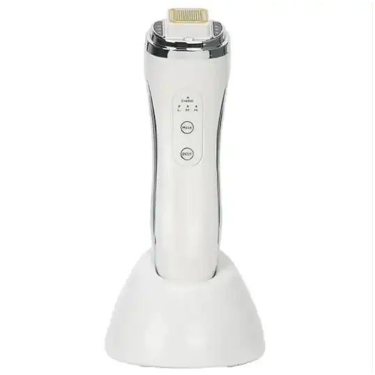 White handheld facial treatment device with a gold-colored tip and silver accents, featuring control buttons on its side.