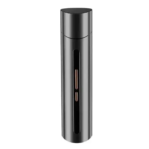 Black cylindrical travel-sized electronic cigarette with a sleek metallic finish and two vertical copper-colored accents on the front.